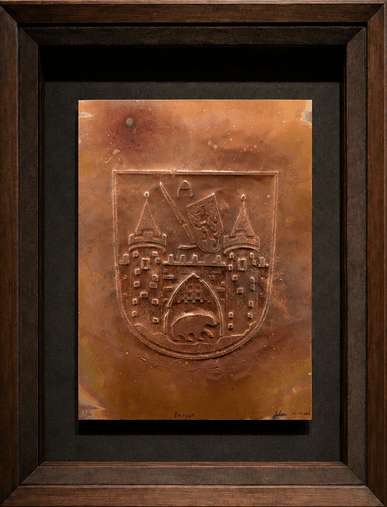 Copper plate impression showing the historic coat of arms of Beroun