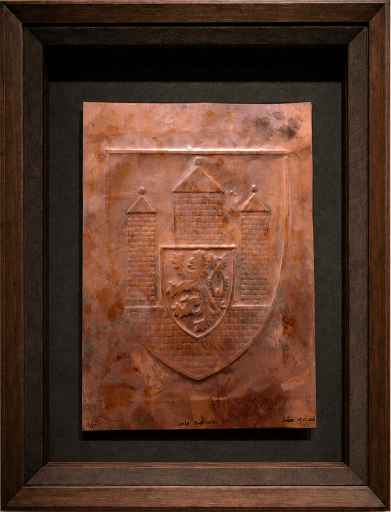 Handcrafted copper impression of the České Budějovice city arms
