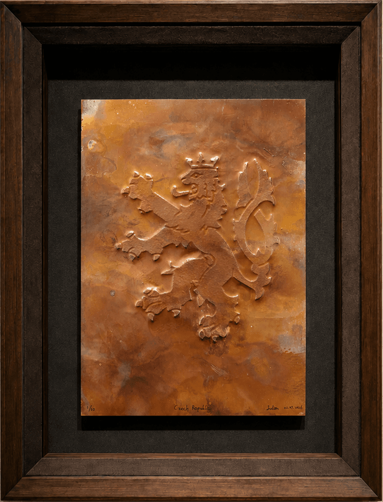 Large copper plate impression of the Czech double-tailed lion