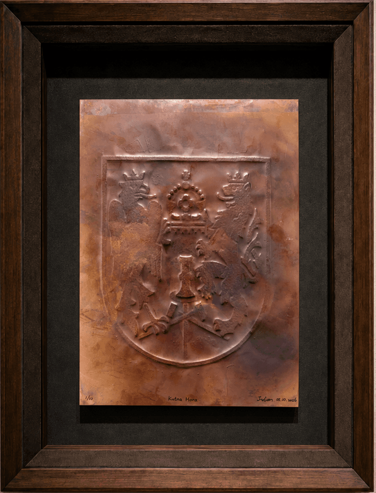 Portrait copper plate impression of the Kutná Hora mining coat of arms