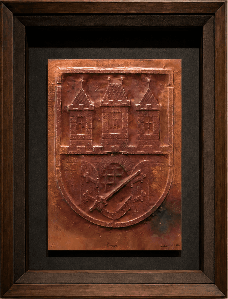 Hand-worked copper impression of the Prague coat of arms